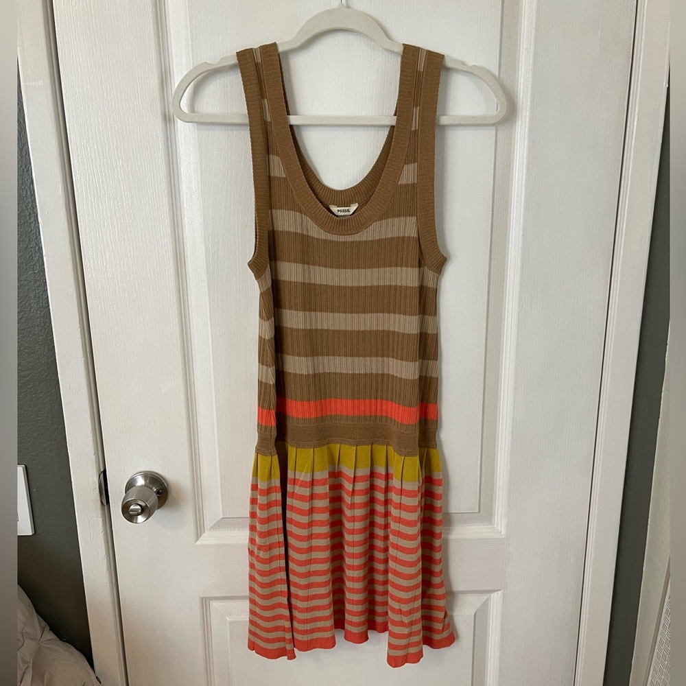 Fossil Striped Midi Dress in Brown, Yellow, and Orange